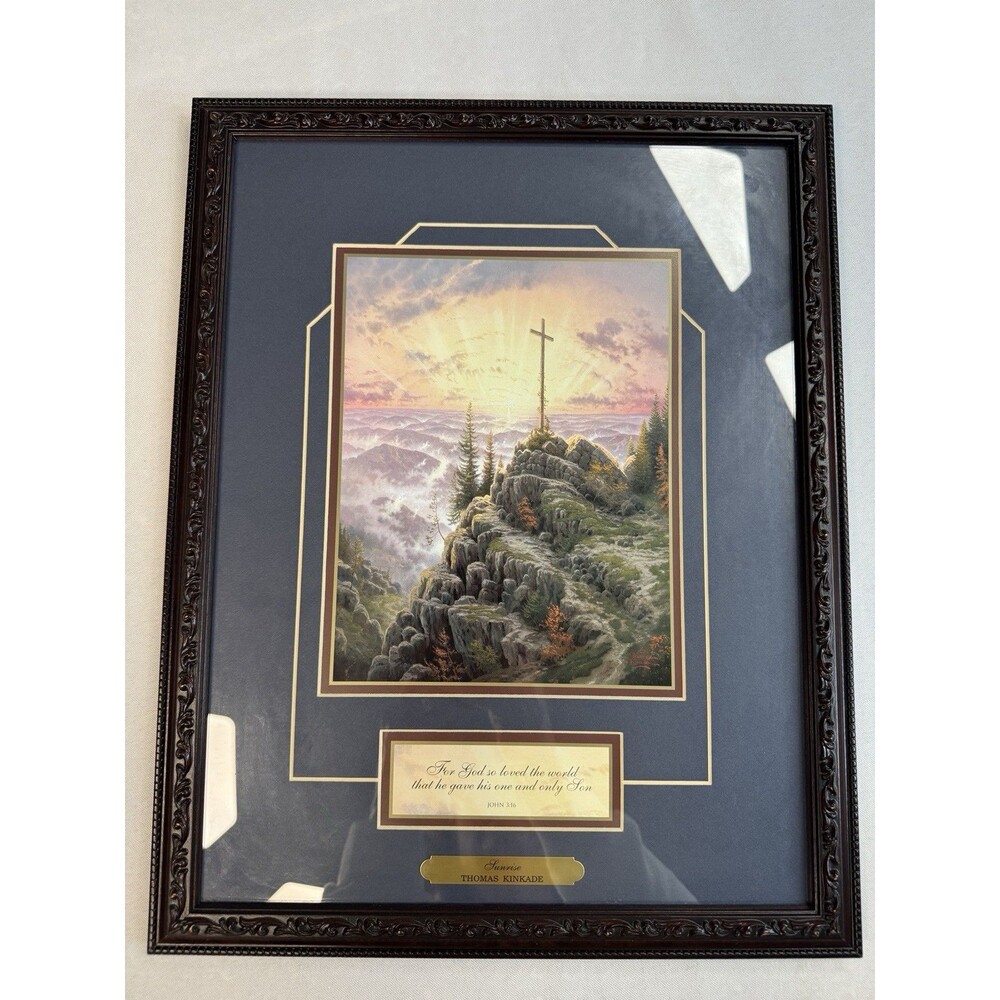 Thomas Kinkade "Sunrise" Framed Accent Print John 3:16 Scripture Cross COA